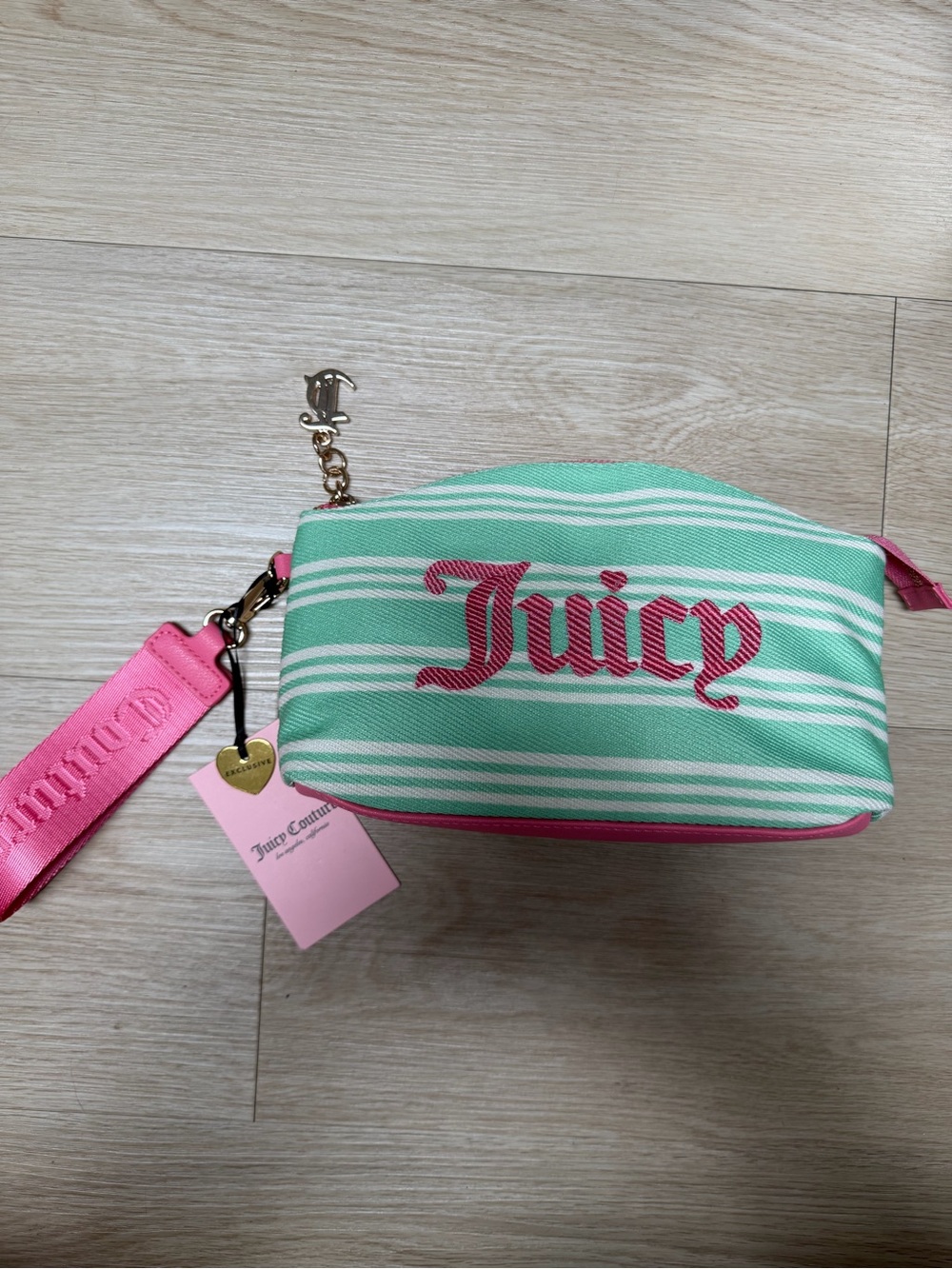 Juicy Couture Mint Green & Hot Pink Striped Cosmetic Pouch